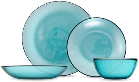 FORTESSA Los Cabos Tableware, 16-Piece Glass Dinnerware Set with 4 Dinner Plates, 4 Salad Plates, 4 Coupe Bowls and 4 Cereal Bowls, Dishwasher-Safe Glass Plate Set, Lagoon Blue by Unknown