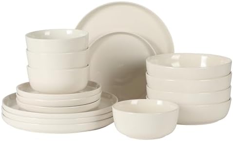 Gibson Home Serenity 16 Piece Modern Porcelain Dinnerware Set for 4, Linen White Plates and Bowls Set, Dinner Plates, Salad Plates, Pasta Bowls, Cereal Bowls by GibsonHomewares