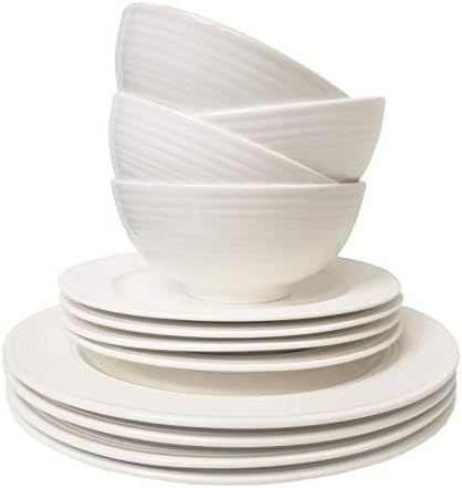TTU Tabletops Gallery Embossed Bone White Porcelain Round Dinnerware Collection- Chip Resistant Scratch Resistant, Contempo 12 Piece Dinnerware Set (Dinner Plate, Salad Plate, Cereal Bowl) - Image 5