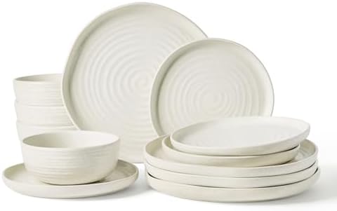 Famiware Pluto 12-Piece Stoneware Dinnerware Set, Matte Beige White by Famiware