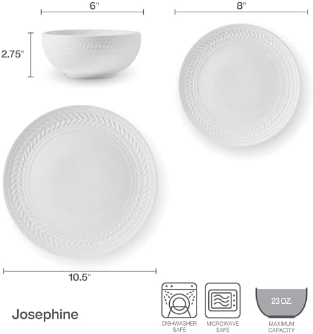 Pfaltzgraff Josephine 24-Piece Dinnerware Set, Porcelain Dish Set with Embossed Basket Weave Design, Service for 8, White Plates and Bowls Sets, Microwave and Dishwasher Safe - Image 6