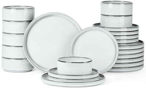 Onader Dinnerware Dishes Sets for 8, Stoneware Plates and Bowls with Unglazed Terracotta Bottom, Ceramic Kitchen Dinner Dish Set, 24 Piece - Glacier White by Onader