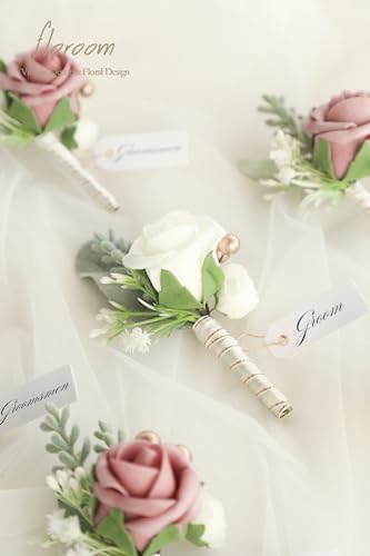 Floroom Set of 6 Dusty Rose & Ivory Foam Rose Boutonnieres with Pins for Men Wedding for Groom Groomsmen Wedding Ceremonies Anniversaries Formal Dinners Parties Proms - Image 3