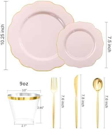 bUCLA 180PCS Pink Plastic Plates - Pink with Gold Rim Disposable for Party Include 30 Each (Dinner & Dessert) Plates, 30 Knives, 30 Forks, 30 Spoons, 30 Cups for Wedding, Birthday & Party - Image 2