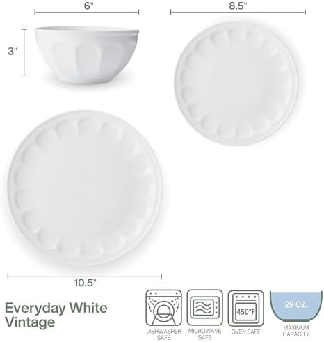 Fitz and Floyd Everyday Vintage Scalloped Porcelain 12 Piece Dinnerware Plate Bowl Set, Service for 4 - Image 3