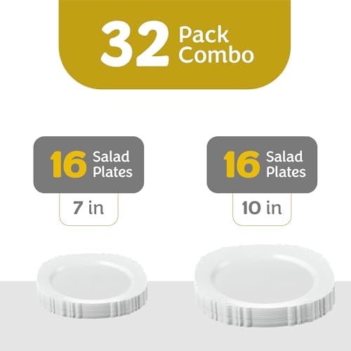PLASTICPRO 32 Pack Elegant Disposable Plastic Plates Combo Set Includes 16 Dinner Plates and 16 Salad Heavy Duty Fancy Party Plates White Embossed Victorian Design - Image 4