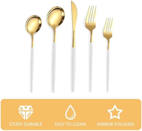 Kawlity Stainless Steel Serving Flatware Durable White & Gold Polished Knives Spoon Forks 30 Pcs Utensil Dinner Tableware, for Kitchen Dishwasher Adults and Children Ideal Gift - Image 3