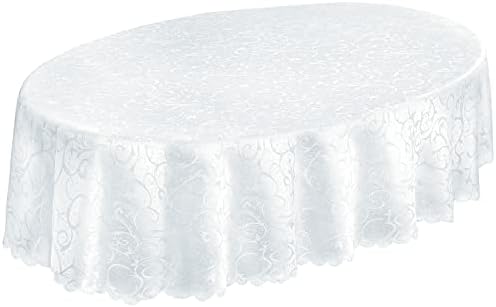 Newbridge Portofino Scalloped Damask Fabric Tablecloth, 60 x 84 Inch Oval, White, Wrinkle and Stain Resistant Fine Dining Holiday Party Table Cover by HomeBargainsPlus