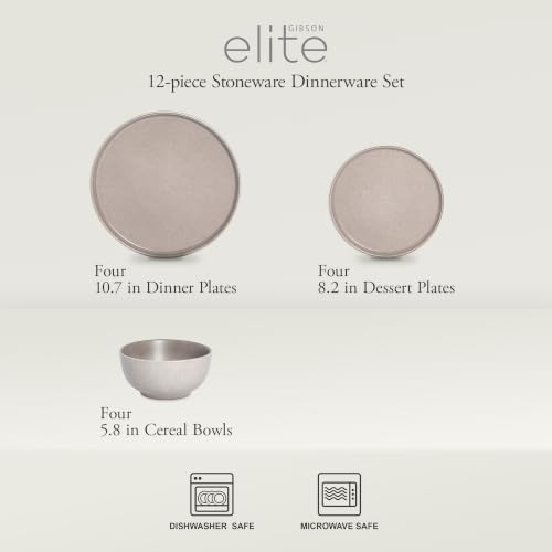 Gibson Elite 12 Piece (Service for 4) Eden Rock Plates and Bowls Reactive Glaze Round Dishes Stoneware Ceramic Dinnerware Set - Grey - Image 2