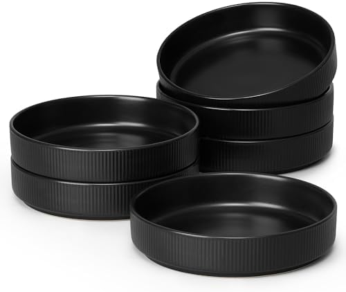 E-far Pasta Bowls Set of 6, 35oz Large Salad Bowl Plate for Dinner Serving Soup, Wide & Shallow Ceramic Stoneware Pasta Plates, Microwave & Dishwasher Safe, Reactive Glaze Texture-Stripe, Matte Black by E-far