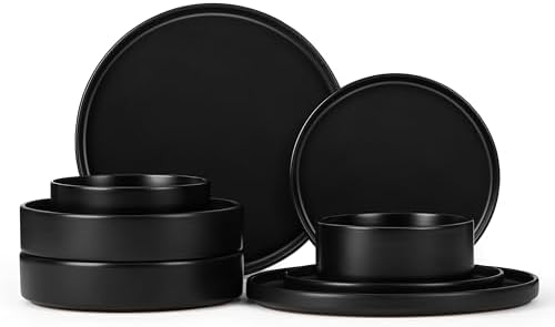 Herogo Dinnerware Sets with Pasta Bowls for 2, 8 Piece Dinner Salad Plates and Cereal Bowls, Stoneware Serving Dishes Dinner Ware for Home Kitchen, Dishwasher & Microwave Safe Dishware, Matte Black by Herogo