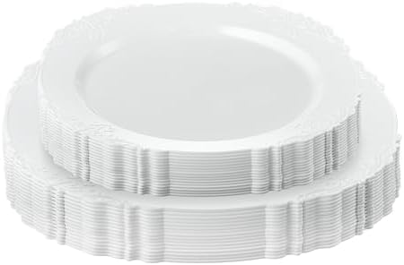PLASTICPRO 32 Pack Elegant Disposable Plastic Plates Combo Set Includes 16 Dinner Plates and 16 Salad Heavy Duty Fancy Party Plates White Embossed Victorian Design by PLASTICPRO