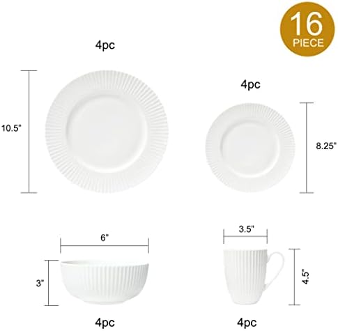 Dinnerware, 16 Piece Set Bone China, Service for 4, White Embossed stripe Dishes, Microwave Safe, Chip Resistant, Dishware, For Formal Casual and Everyday Living, Plates and Bowls Set - Image 2
