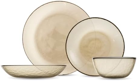 FORTESSA Los Cabos Tableware, 16-Piece Glass Dinnerware Set with 4 Dinner Plates, 4 Salad Plates, 4 Coupe Bowls and 4 Cereal Bowls, Dishwasher-Safe Glass Plate Set, Ginger Root by Unknown