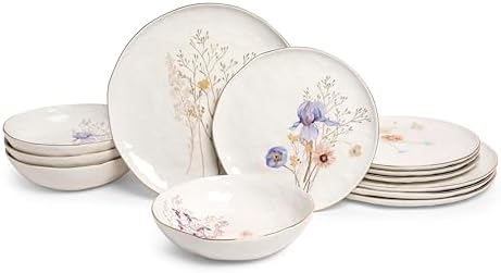 Sango 12-Piece Luxury Porcelain Dinnerware Set for 4- Glossy White Plates and Bowls Sets with Wildflower Patterns and Gold Rims, Ceramic Dish Set, Elegant Dishes for Everyday Dining, Gansevoort by Sango
