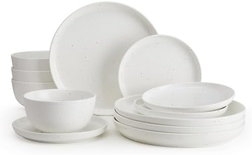 Sweese Dinnerware Sets Service for 4, 12 pcs Matte Speckled Glaze Plates and Bowls Sets, Handmade Ceramic Dish Set, Highly Chip and Crack Resistant Modern Plate Set, White by Sweese