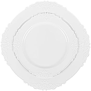 PLASTICPRO 64 Pack Elegant Disposable Plastic Plates Combo Set Includes 32 Dinner Plates and 32 Salad Heavy Duty Fancy Party Plates White Embossed Victorian Design - Image 5