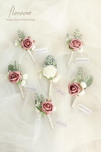 Floroom Set of 6 Dusty Rose & Ivory Foam Rose Boutonnieres with Pins for Men Wedding for Groom Groomsmen Wedding Ceremonies Anniversaries Formal Dinners Parties Proms - Image 2