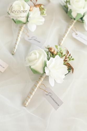 Floroom Set of 6 Ivory Foam Rose Boutonnieres with Pins for Men Wedding for Groom Groomsmen Wedding Ceremonies Anniversaries Formal Dinners Parties Proms White - Image 5