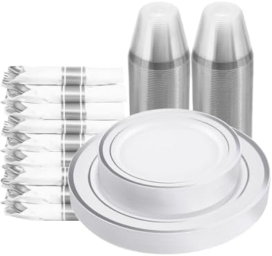 175 PCS White and Silver Plastic Dinnerware Set for 25 Guests, 50 Disposable Plates for Party, 25 Pre Rolled Napkins with Silver Silverware, 25 Cups by Realluck