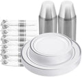 175 PCS White and Silver Plastic Dinnerware Set for 25 Guests, 50 Disposable Plates for Party, 25 Pre Rolled Napkins with Silver Silverware, 25 Cups by Realluck