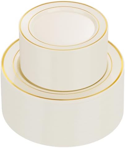 U-QE 100pcs Ivory Plastic Plates for Party - Ivory Gold Plastic Plates by U-QE