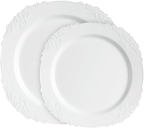 PLASTICPRO 64 Pack Elegant Disposable Plastic Plates Combo Set Includes 32 Dinner Plates and 32 Salad Heavy Duty Fancy Party Plates White Embossed Victorian Design - Image 6