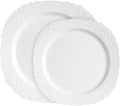PLASTICPRO 128 Pack Elegant Disposable Plastic Plates Combo Set Includes 64 Dinner Plates and 64 Salad Heavy Duty Fancy Party Plates White Embossed Victorian Design by PLASTICPRO