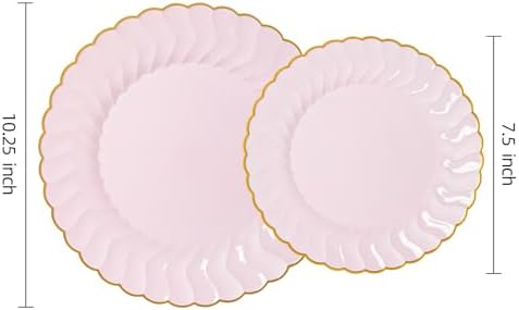 Lullaby 60PCS Pink Scalloped Plastic Plates with Gold Rim for Party Wedding - Image 2