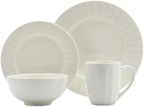 TTU Tabletops Gallery Embossed Bone White Porcelain Round Dinnerware Collection- Chip Resistant Scratch Resistant, Mosaico 16 Piece Dinnerware Set (Dinner Plate, Salad Plate, Cereal Bowl, Mug) by TabletopsGallery