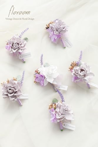 Floroom Set of 6 Purple Lilac Lavender Foam Rose Boutonnieres with Pins for Men Wedding for Groom Groomsmen Wedding Ceremonies Anniversaries Formal Dinners Parties Proms - Image 2