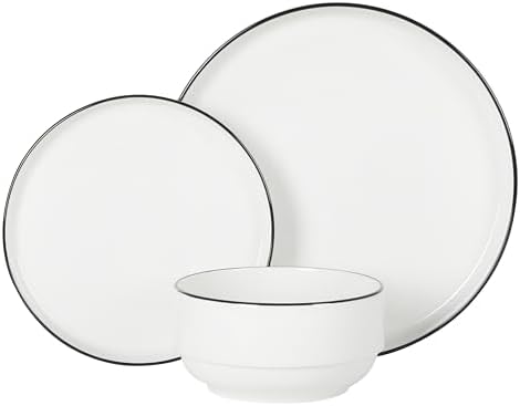 Gibson Home Rothernberg Plates and Bowls 18 Piece Porcelain White Dinnerware Set W/Black Rim | Stackable Dishes | Microwave & Dishwasher Safe - Image 7