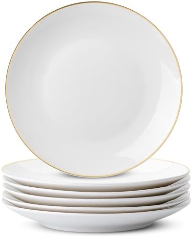 BTaT- White Dessert Plates with Gold Rim, Set of 6, 8" Round, Porcelain, Elegant Style, Dinner Plates by BrewToATea