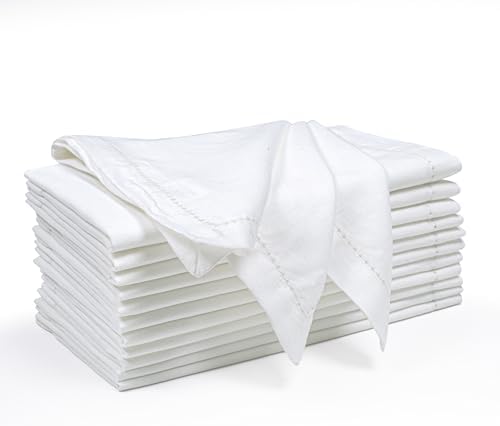 The Beer Valley Set of 12 Flax Hemstitch Cloth Napkins 20x20 Inch - White by TheBeerValley