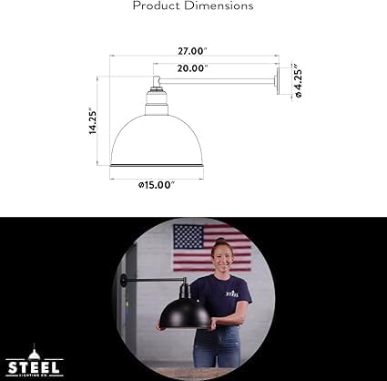 Steel Lighting Co. Hollywood Bowl Light | Outdoor Wall Mounted | 15 inch Bowl Dome | 20" Straight Arm | Barn Light Made in America | Cream Exterior/Brass Interior
