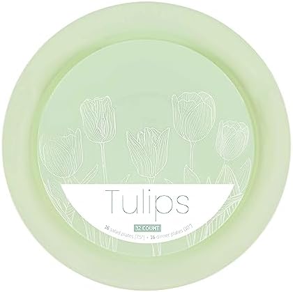 PLASTICPRO 32 Pack Elegant Disposable Plastic Plates Combo Set Includes 16 Dinner Plates and 16 Salad Plates Heavy Duty Fancy Party Plates Green and White Tulip Design - Image 6