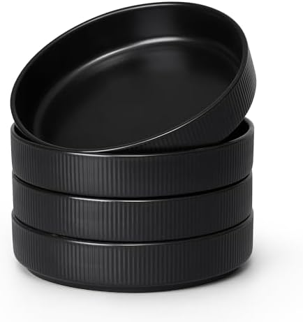 E-far Pasta Bowls Set of 4, 35oz Large Salad Bowl Plate for Dinner Serving Soup, Wide & Shallow Ceramic Stoneware Pasta Plates, Microwave & Dishwasher Safe, Reactive Glaze Texture-Stripe, Matte Black by E-far
