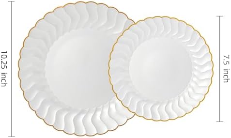 Lullaby 60PCS Pearl White Scalloped Plastic Plates with Gold Rim for Party - Image 2