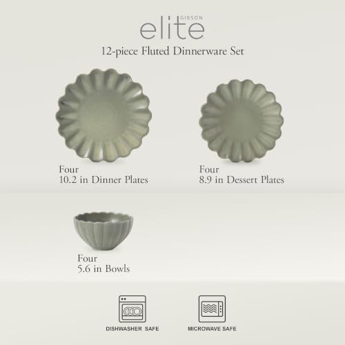 Gibson Elite Bistro Fleur Plates and Bowls Sets, 12-Piece Stoneware Dinnerware Set for 4, Matte Green Scalloped Dish Set with Dinner Plates, Salad Plates & Bowls - Image 2