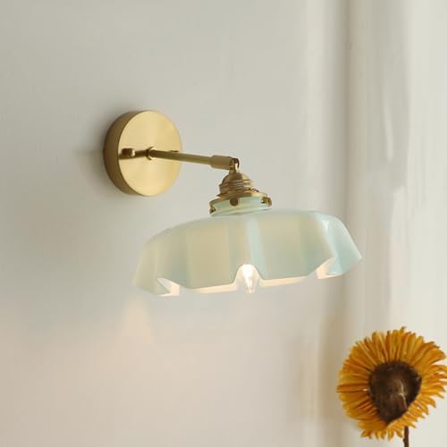 Vintage Milk Glass Wall Sconce - Mid Century Flower Design Hardwired Light with Straight Arm, Gold Finish for Bedroom, Hallway, Living Room, Farmhouse Decor