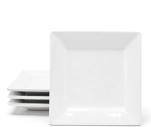 Dinner Plates, 9.8 Inch Square Dessert Plates, Ceramic Serving Plate for Salad, Pasta, Steak,Snacks, Set of 4 by Abestware