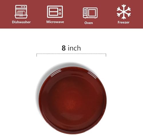 vicrays Ceramic Salad Plates Set - Porcelain 8 Inch Flat Dessert Appetizer Plate for Lunch Home Party Restaurant - Scratch Resistant Microwave Oven and Dishwasher Safe - Set of 6 (Cherry Red) - Image 2