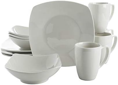 Gibson Home Amelia Court Porcelain Chip and Scratch Resistant Dinnerware set, Service for 4 (12pcs), White (Soft Square) by GibsonHomewares