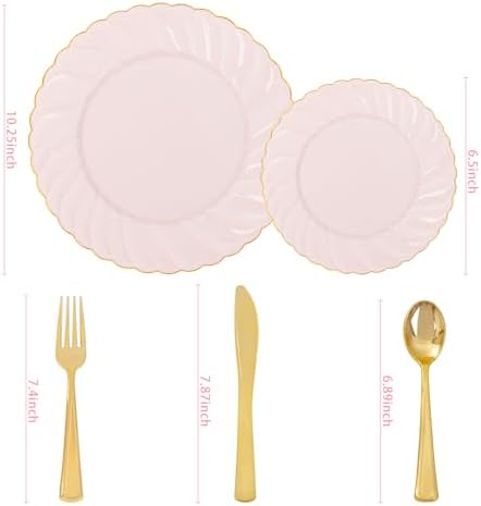 YOUBET 125PCS Pink Plastic Plates with Gold Rim for Wedding Birthday Party - Image 2