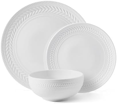 Pfaltzgraff Josephine 24-Piece Dinnerware Set, Porcelain Dish Set with Embossed Basket Weave Design, Service for 8, White Plates and Bowls Sets, Microwave and Dishwasher Safe - Image 2