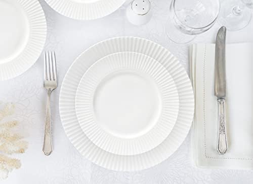 Dinnerware, 16 Piece Set Bone China, Service for 4, White Embossed stripe Dishes, Microwave Safe, Chip Resistant, Dishware, For Formal Casual and Everyday Living, Plates and Bowls Set - Image 6