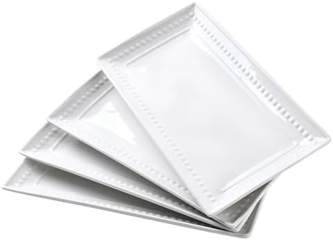14 inch Ceramic Serving Platter - Rectangular Serving Trays Set of 4, Large Embossed Plates, Porcelain White Platters for Steak, Appetizer, Dessert, Tacos, Housewarming, Oven Dishwasher Safe by FEENMAICeramicHome
