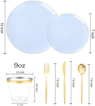 bUCLA 150PCS Blue Plastic Plates - Light Blue and Gold Disposable Include 25 Each (Dinner & Dessert) Plates, 25 Knives, 25 Forks, 25 Spoons and 25 Cups, Ideal for Party, Birthday & Wedding - Image 2