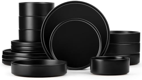 Herogo Dinnerware Sets with Pasta Bowls for 4, 16 Piece Dinner Salad Plates and Cereal Serving Bowls, Stoneware Dishes Dinner Ware for Home Kitchen, Chip & Scratch Resistant, Matte Black by Herogo