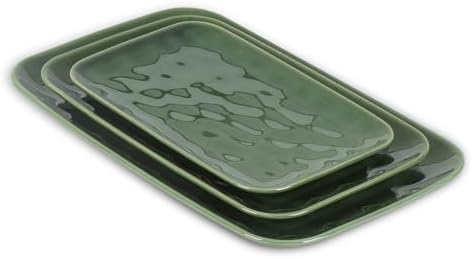 vicrays Ceramic Rectangle Serving Platters - 14" 12" 10" Porcelain Serving Trays Plates for Party BBQ Appetizers Sushi Dessert - Microwave Oven and Dishwasher Safe - Set of 3 Green by VicraysCeramic